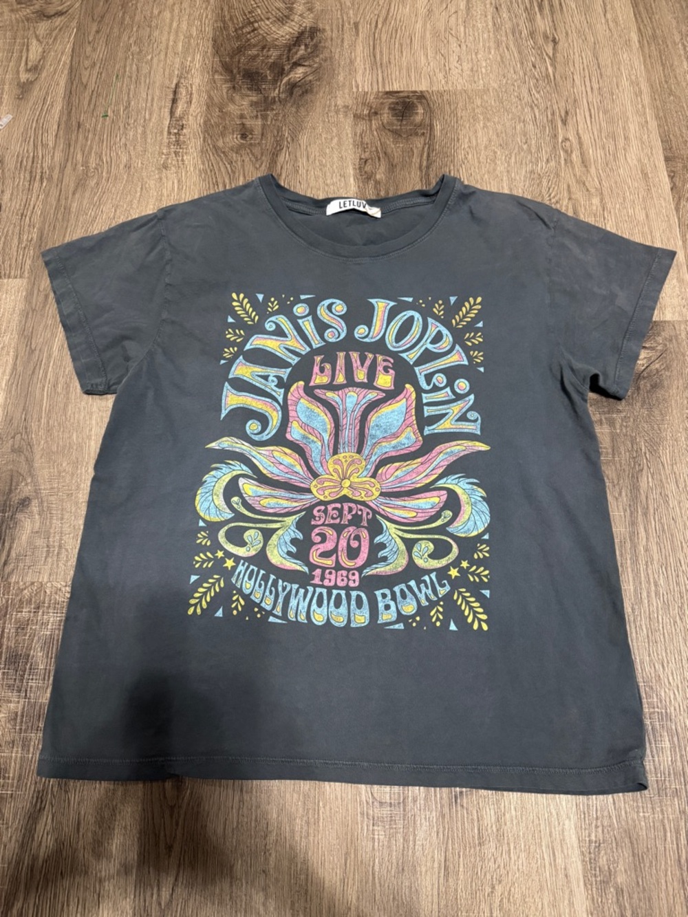 Anthropologie Black Graphic Janis Joplin Live Tee with Multicolor Floral Print